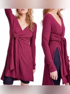 Free People Fall for You Ribbed Tie-Waist Tunic Top in Berry